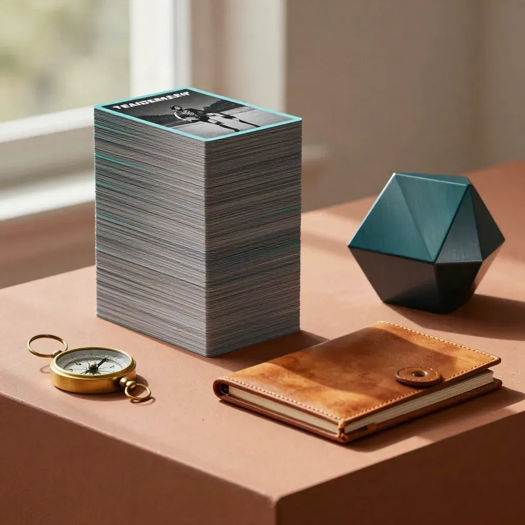 CX leadership course materials on a terracotta plinth: cards, leather portfolio, handbook, compass, desk set.