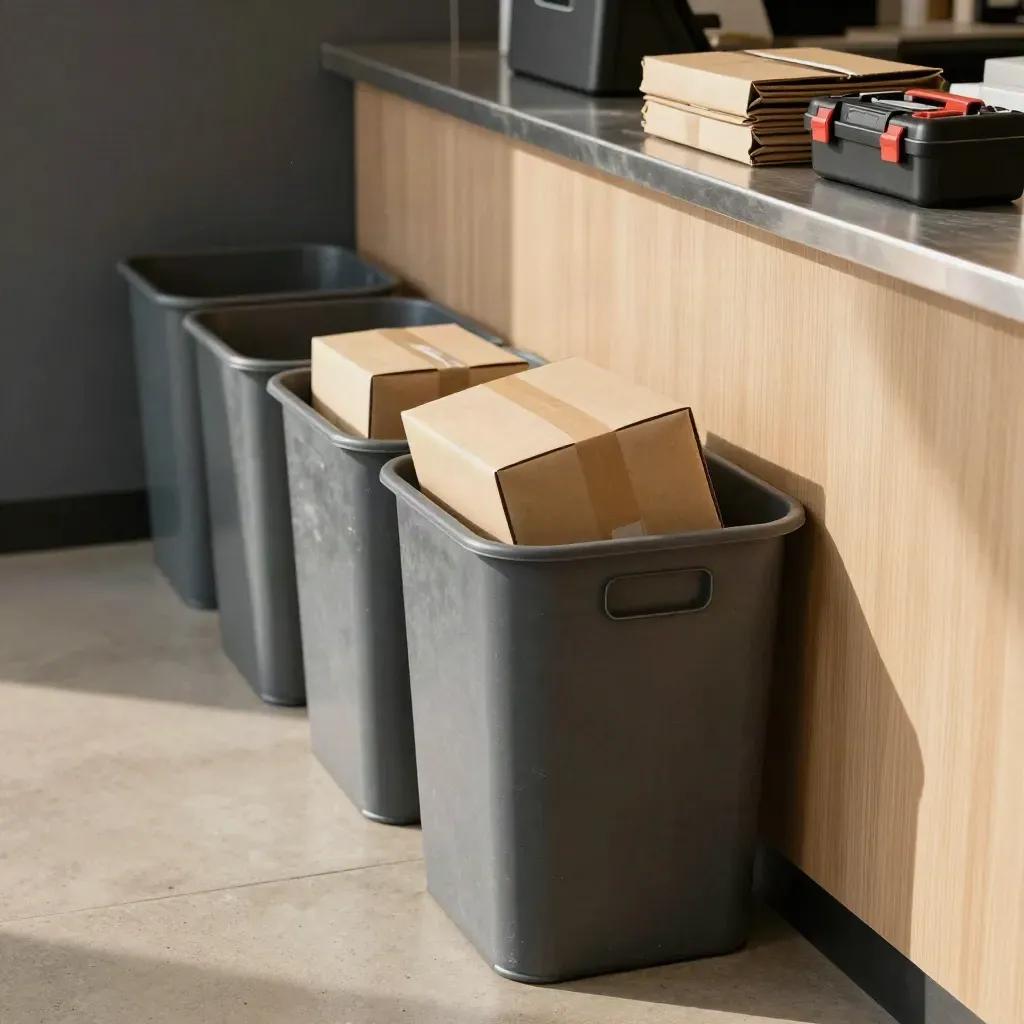Retail return bins and toolkit on a clean counter, shot in moody light