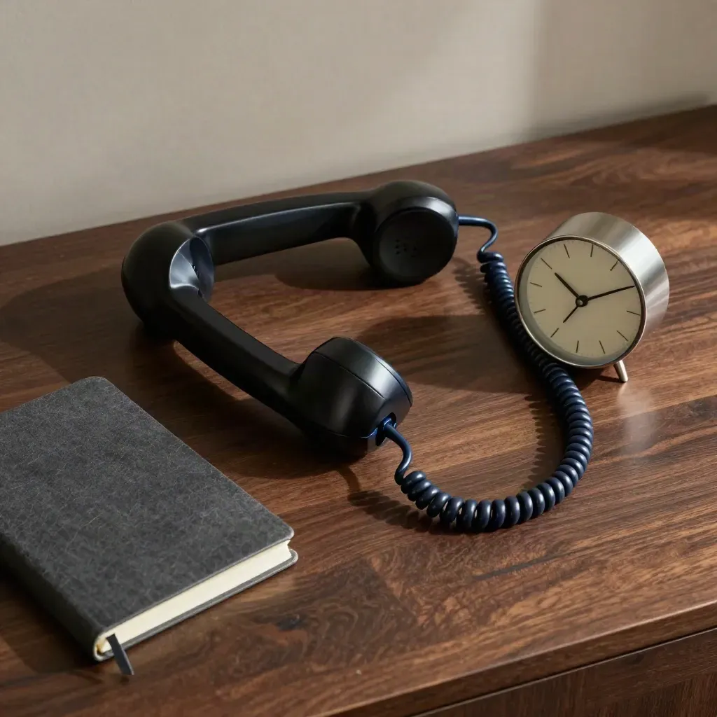 Corded handset, closed notebook and small clock on dark wood in soft side light.
